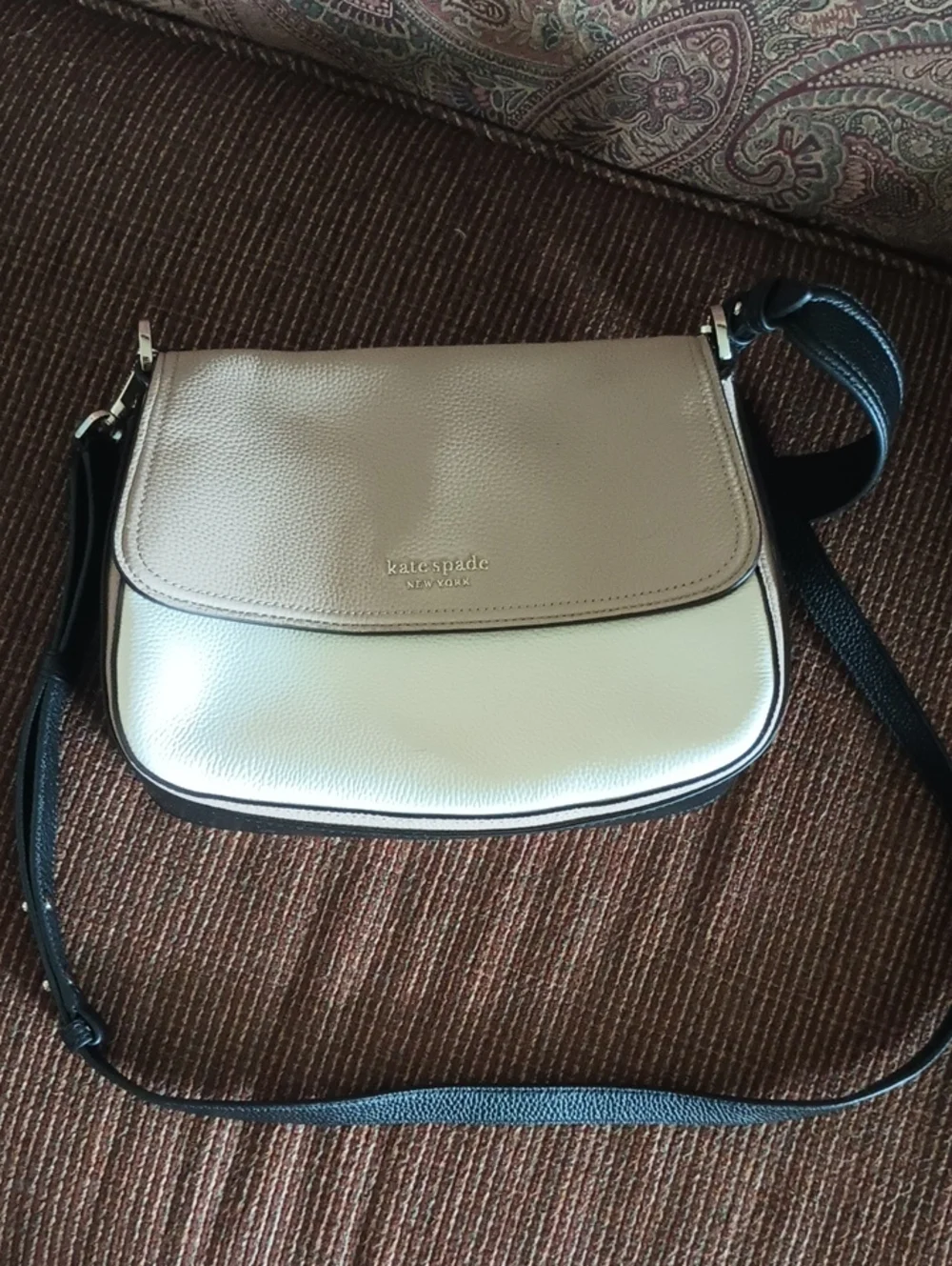kate spade Two-Tone Leather Crossbody in Taupe and Cream with Black Strap